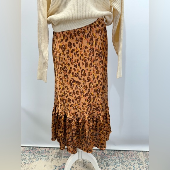 FORGOTTEN GRACE Brown Cheetah print ruffle hem midi skirt size L - Picture 4 of 11